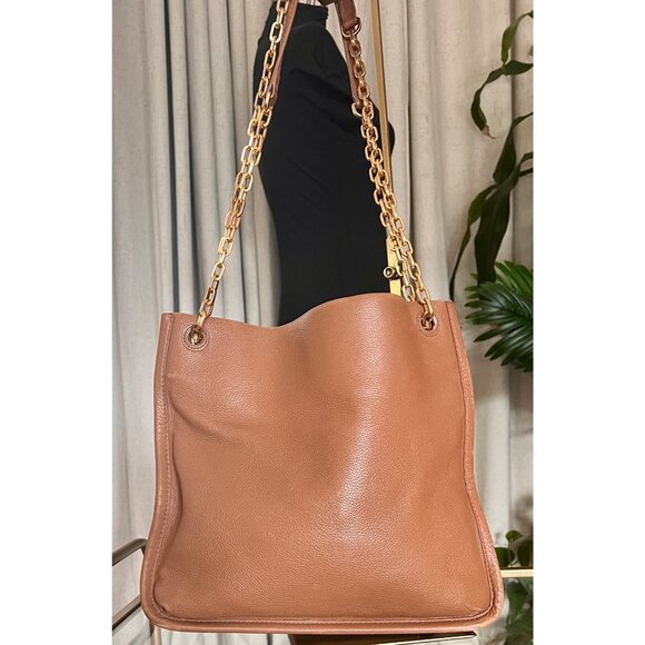 Tory Burch Tan Leather Britten Shoulder Bag With Gold Chain Strap & Logo Detail - Picture 3 of 9